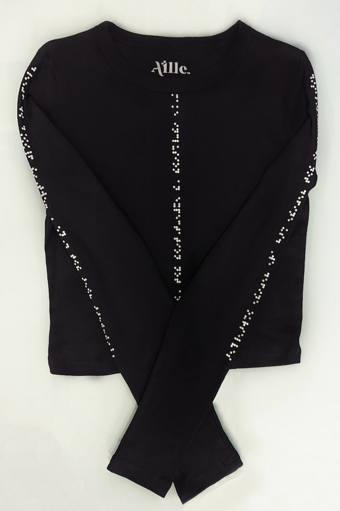 Black cropped top with white bralile along the sleeves and center front