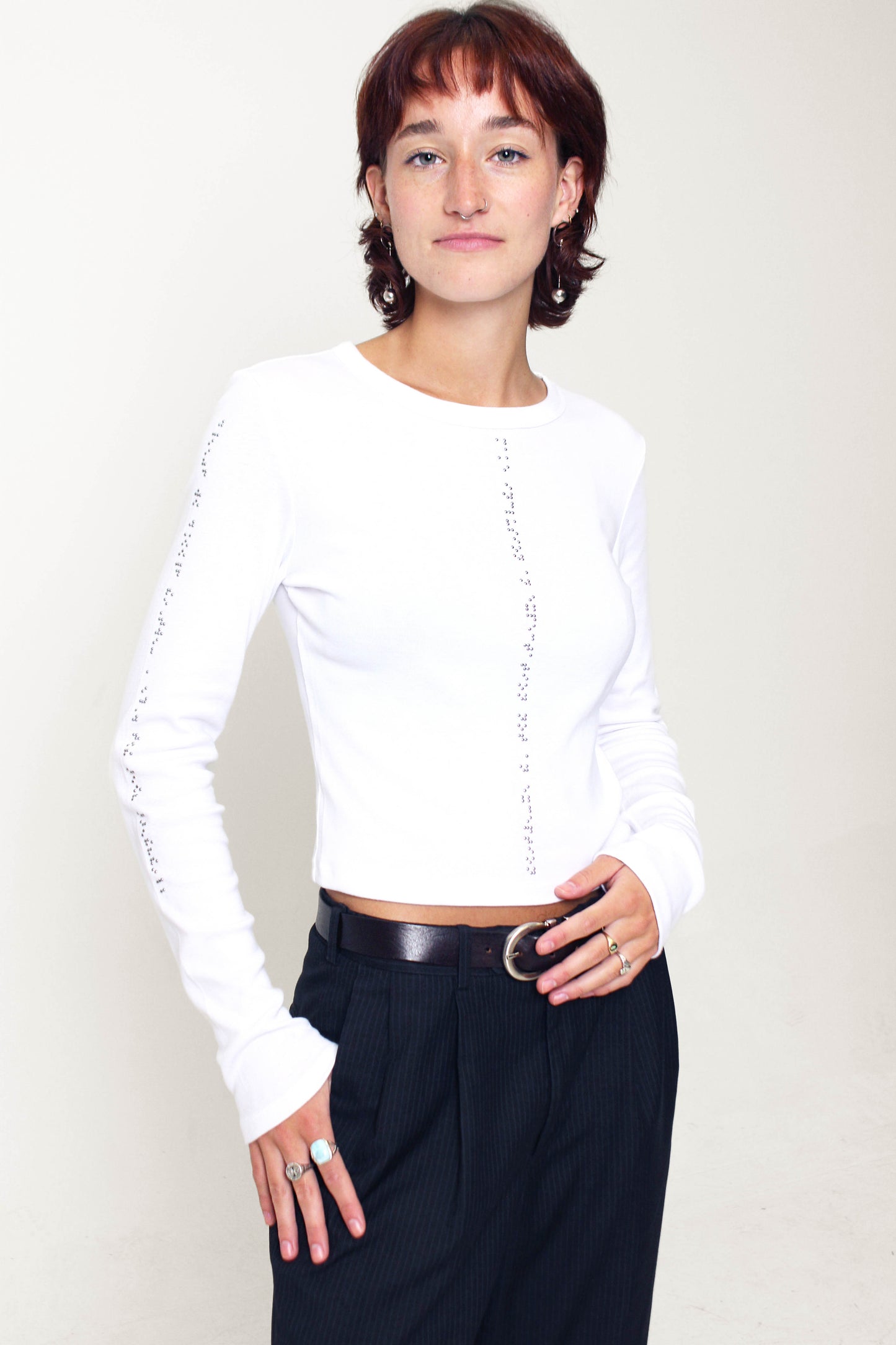 Cropped Braille Long Sleeve Shirt: White