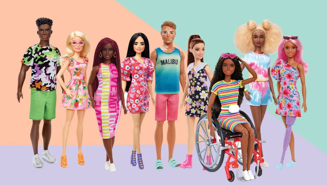 A lineup of diverse and disabled Barbie dolls from the Fashionista 2022 collection
