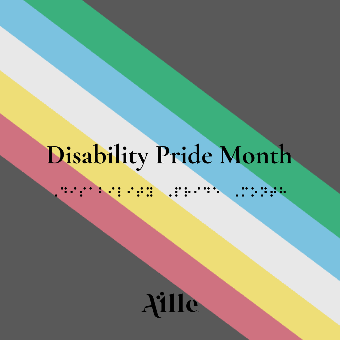 Disability pride flag with text and simulate braille that reads Disability Pride Month