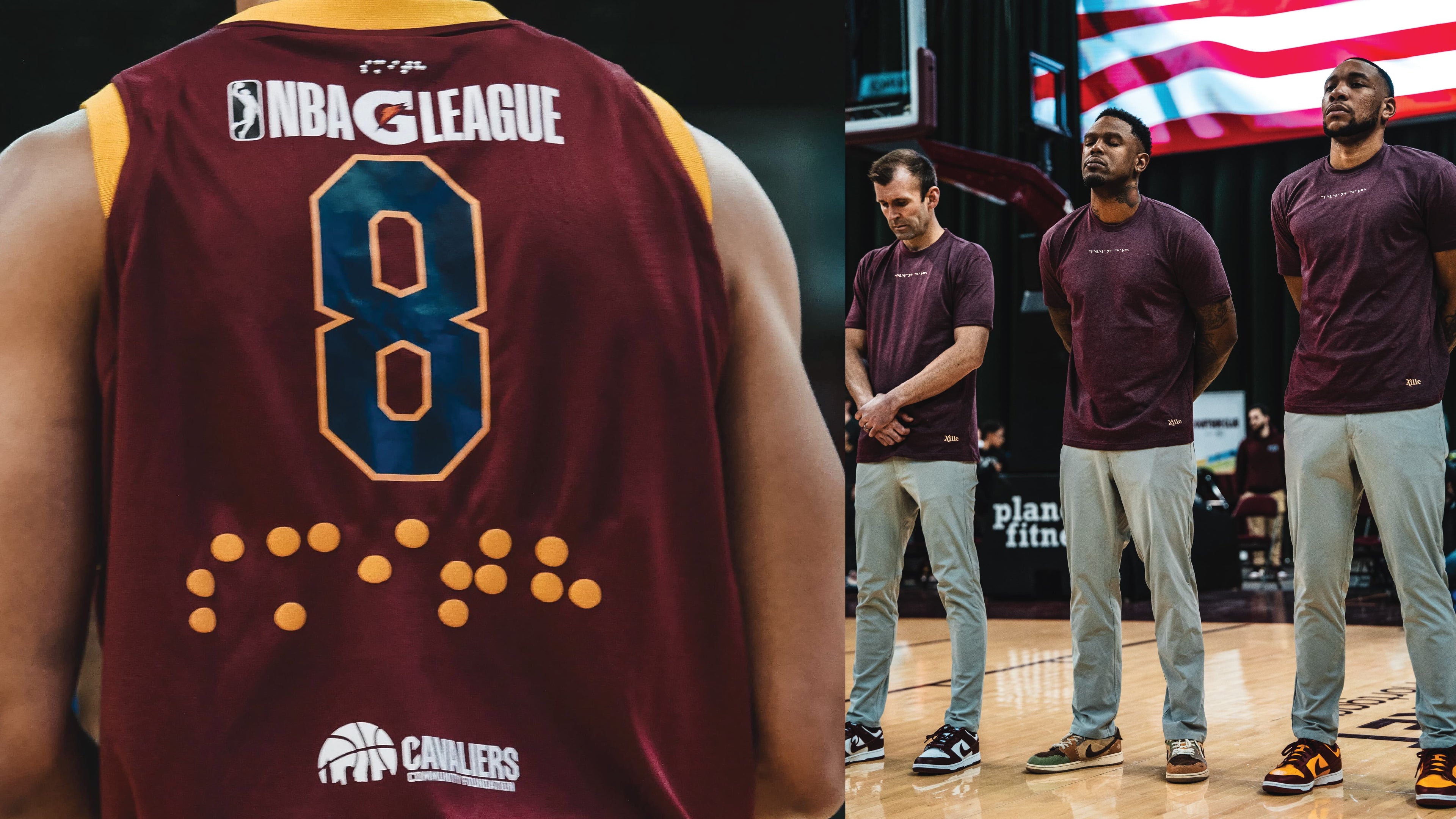 Load video: he video showcases a collaboration between Aille Design and the Cleveland Charge basketball team. It highlights custom jerseys and t-shirts featuring raised braille detailing on the front, spelling out &quot;Cleveland Charge.&quot; Throughout the video, footage of the team in action on the court is shown, emphasizing inclusivity and accessibility in sports. The video&#39;s tone celebrates the power of inclusive design and how braille can be represented in sportswear. There is uplifting background music and spoken dialogue about the collaboration.