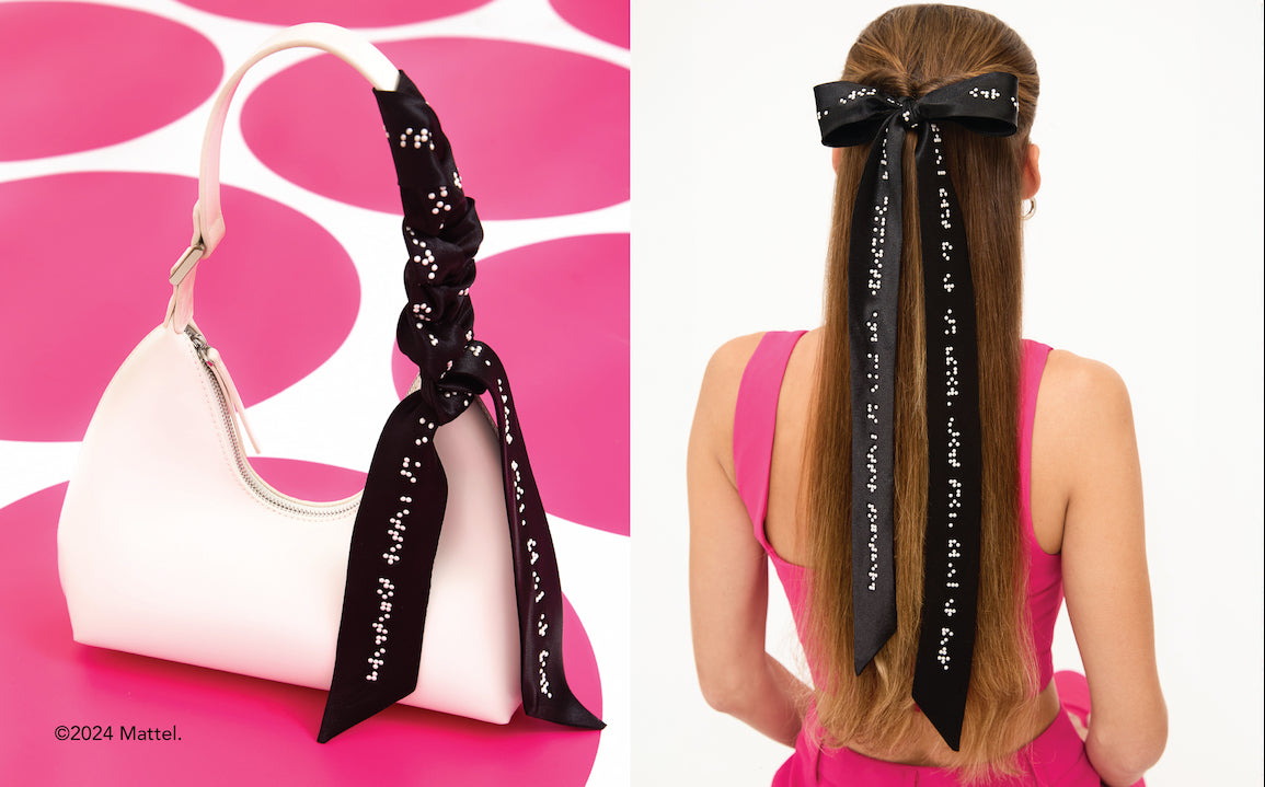 Two images side by side in a collage format. The first image is of a white purse styled with the black scarf accessory around the handle of the bag. The bag is on a background with bright pink polka dots. The second image is of the back of a model's head. She has long blonde hair which is styled half up and half down and is accessorized with the black scarf as a bow in her hair.