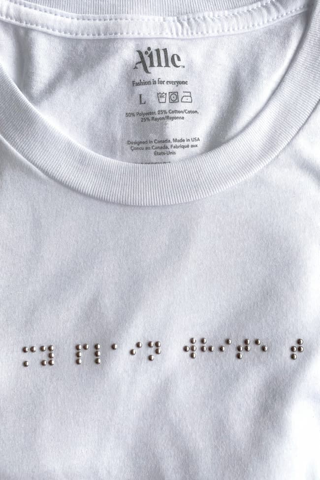 White t-shirt with silver braille