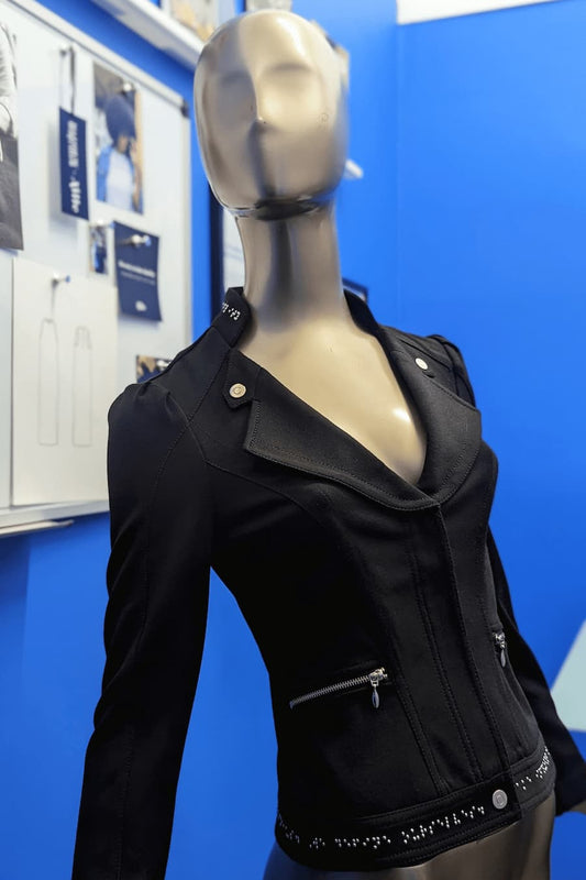 Full length view of black motto jacket on mannequin