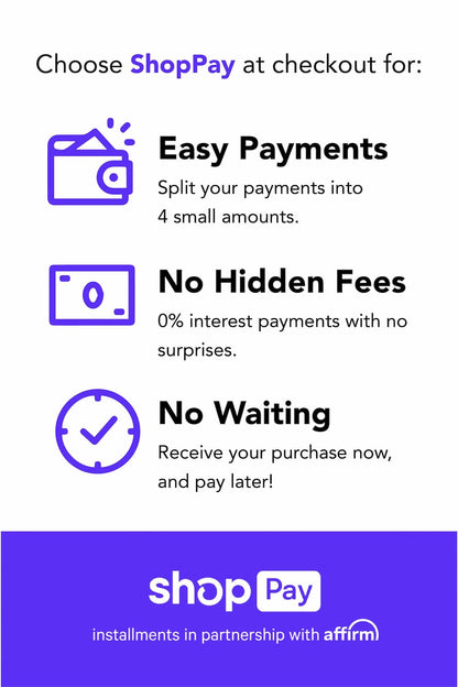 ShopPay graphic about payment instalments with no hidden fees or delays in receiving purchase
